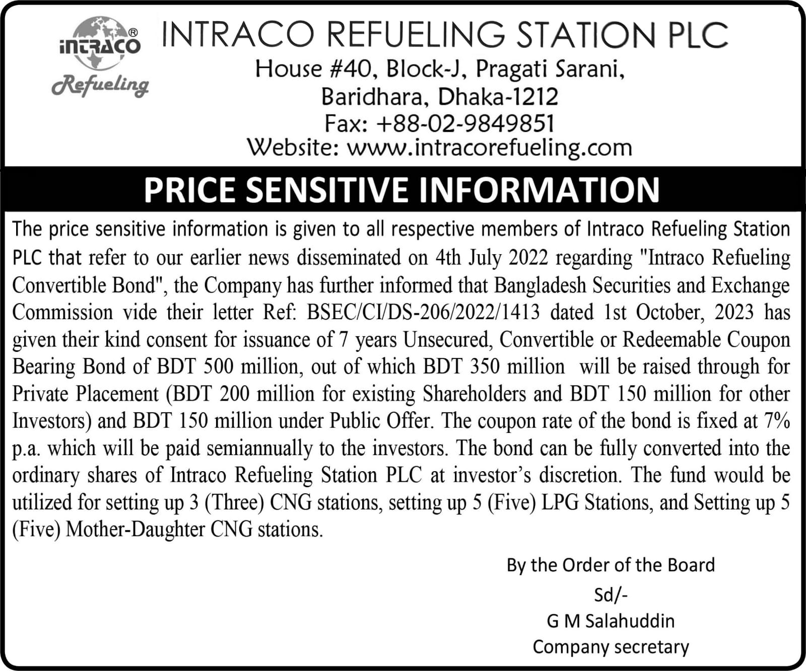 Price Sensitive Information of Intraco